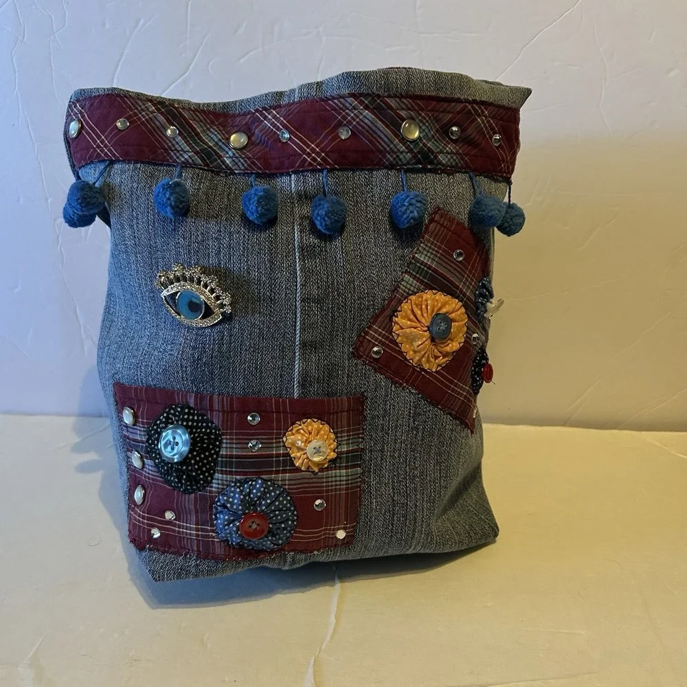 Handmade Denim Jean Bag Tote Purse Boho Upcycled Buttons Rhinestones Pearl‎